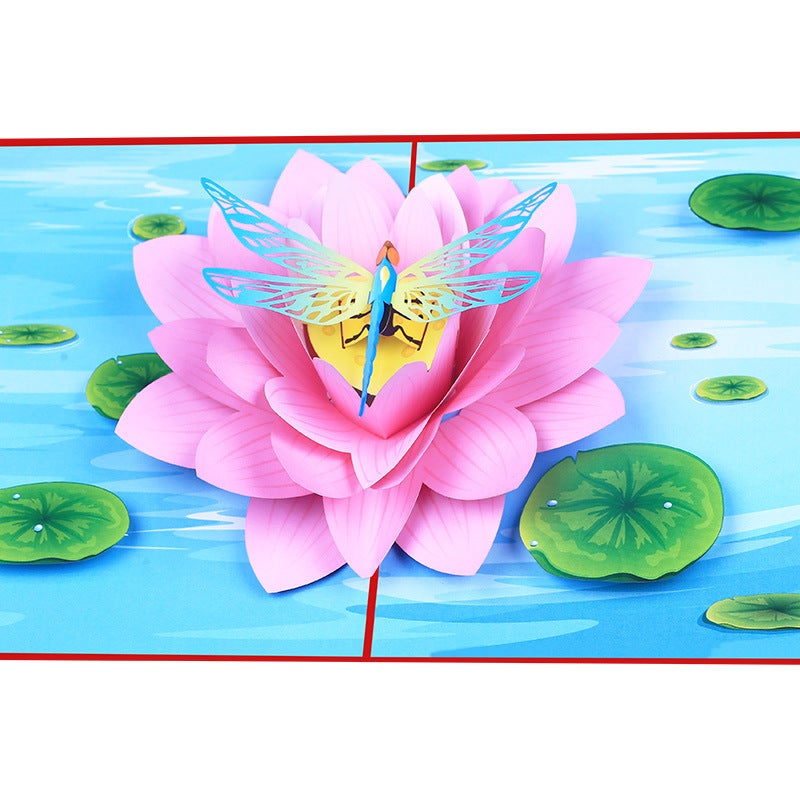 Color Printing Small Fresh 3D Lotus Dragonfly Stereo Greeting Card Pop-Up Holiday Paper Carving Thanksgiving Blessing Message Card - Image 2